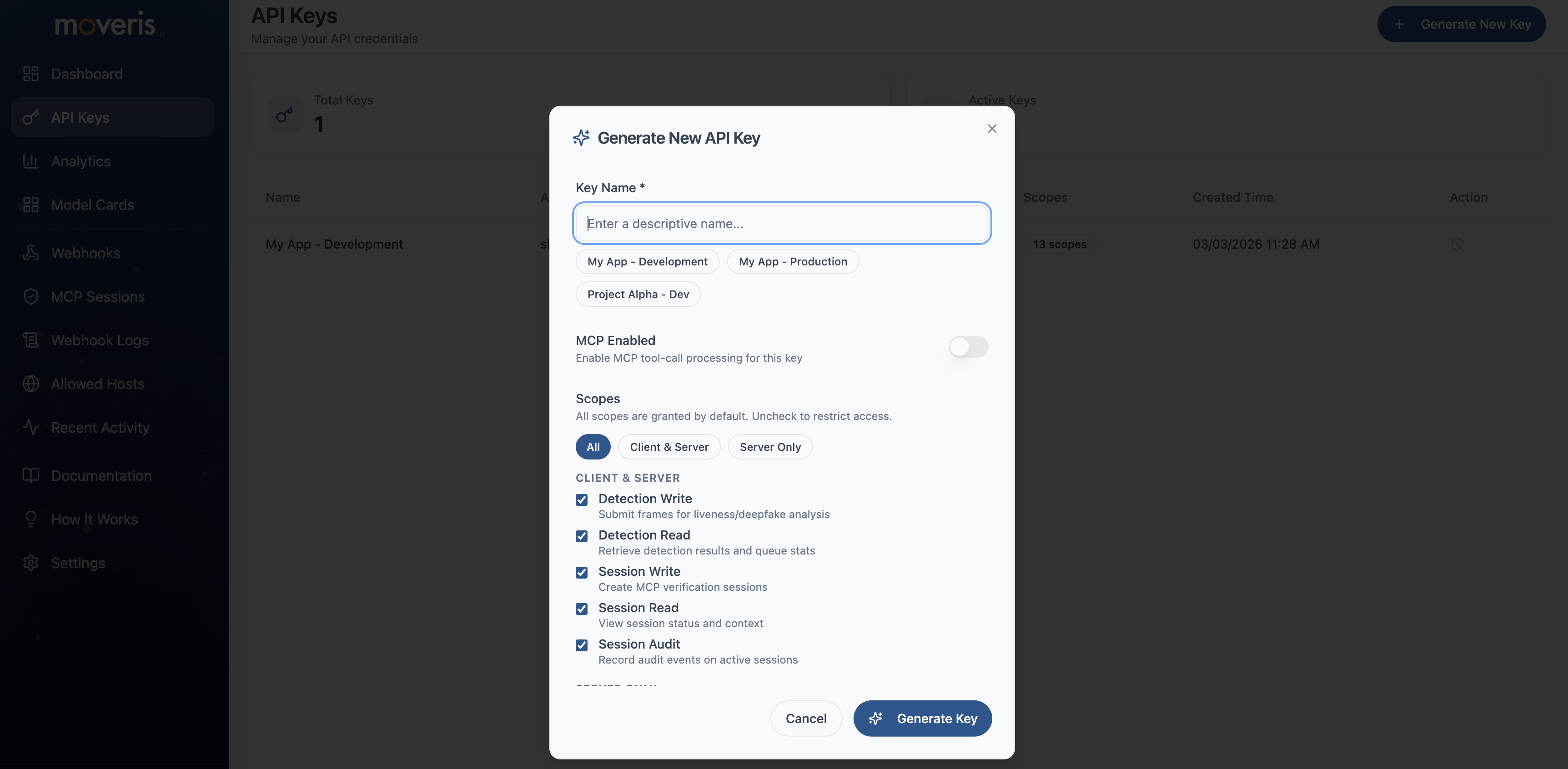 Create API Key form with scopes selector