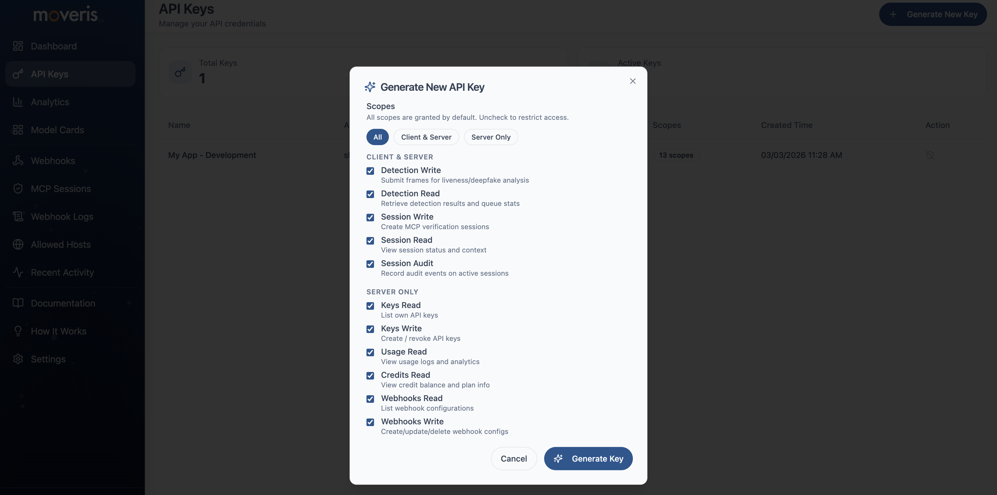 Scopes selector in Create API Key