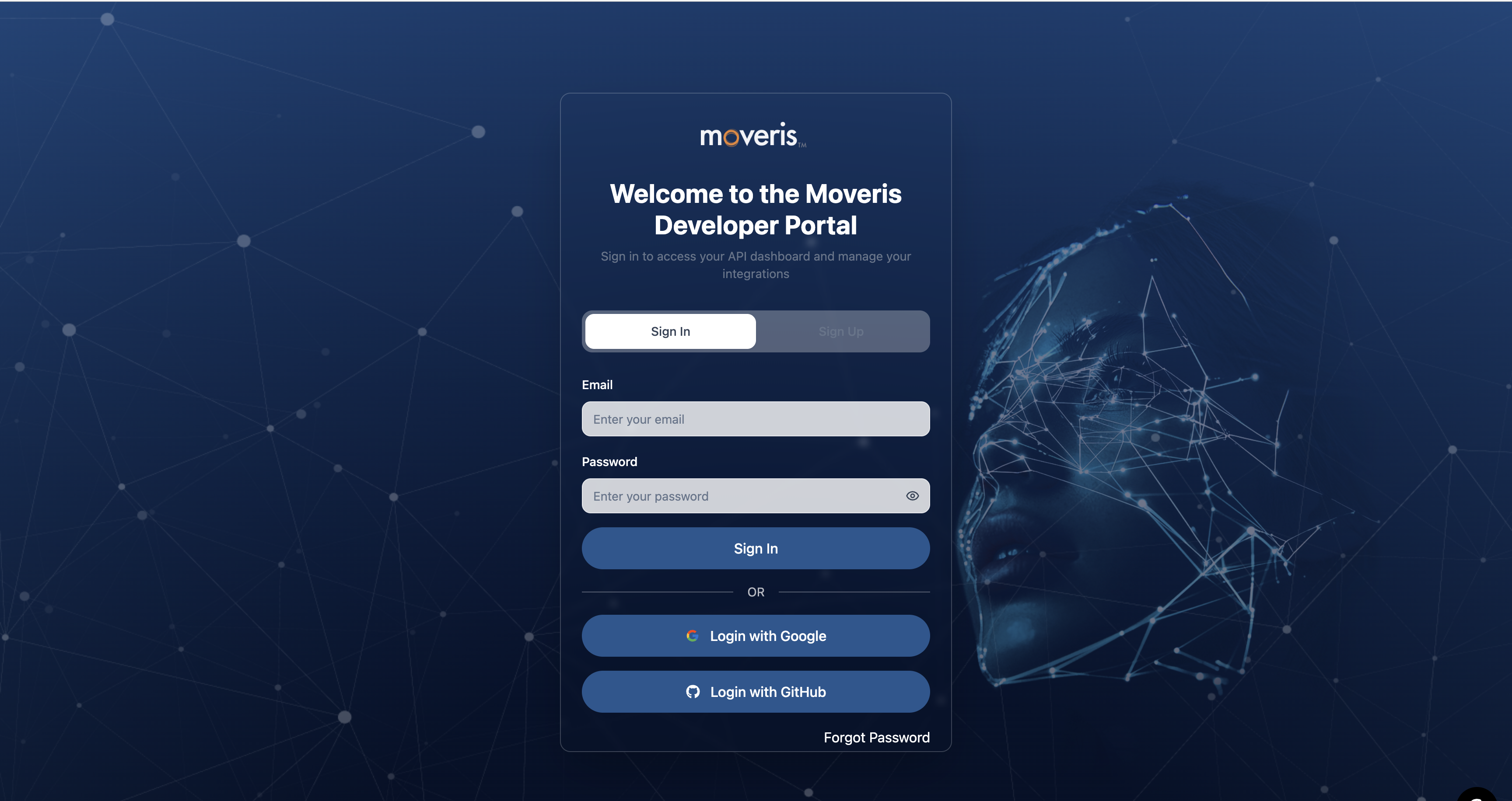 Developer Portal login screen