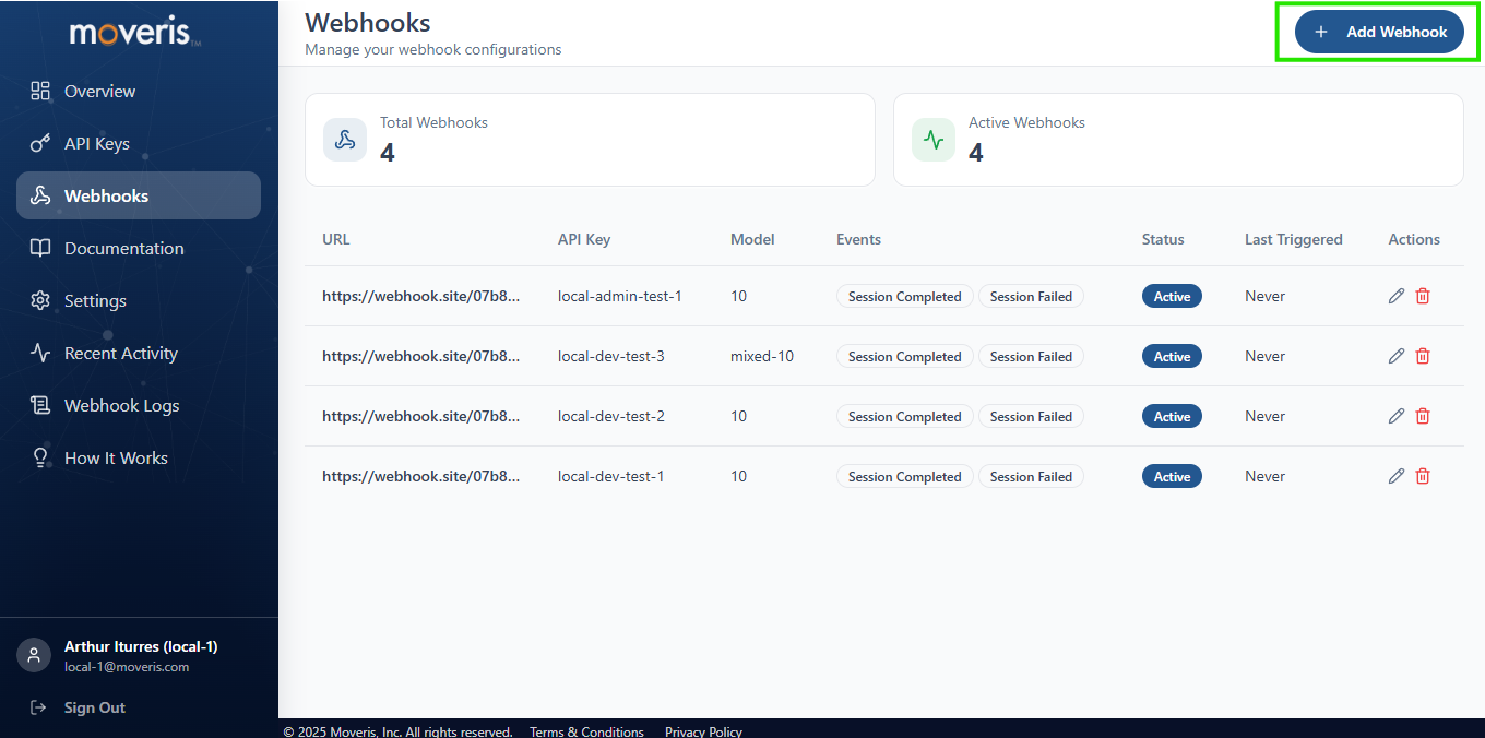 API Key detail with Webhooks option