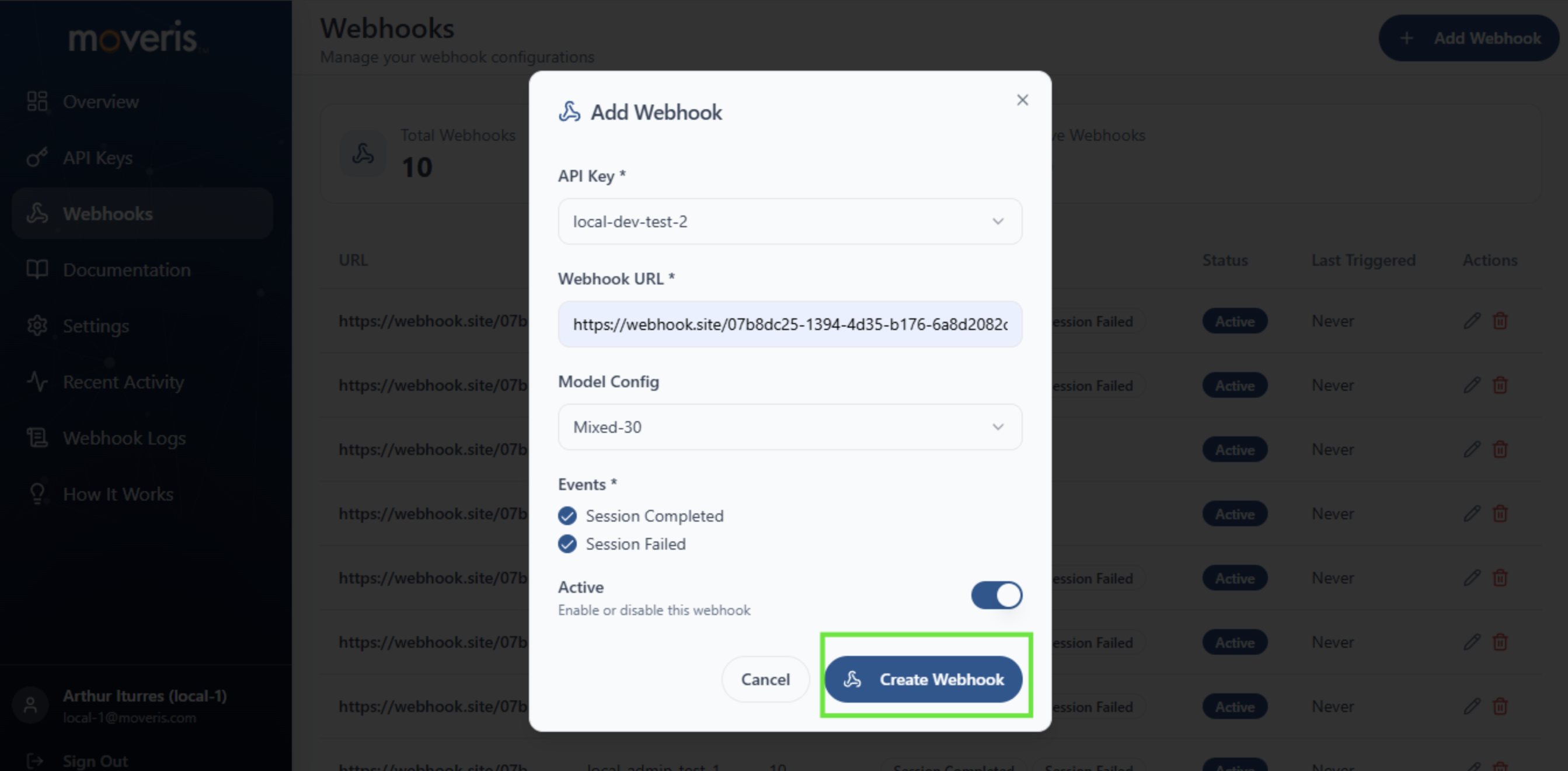 Add webhook URL form