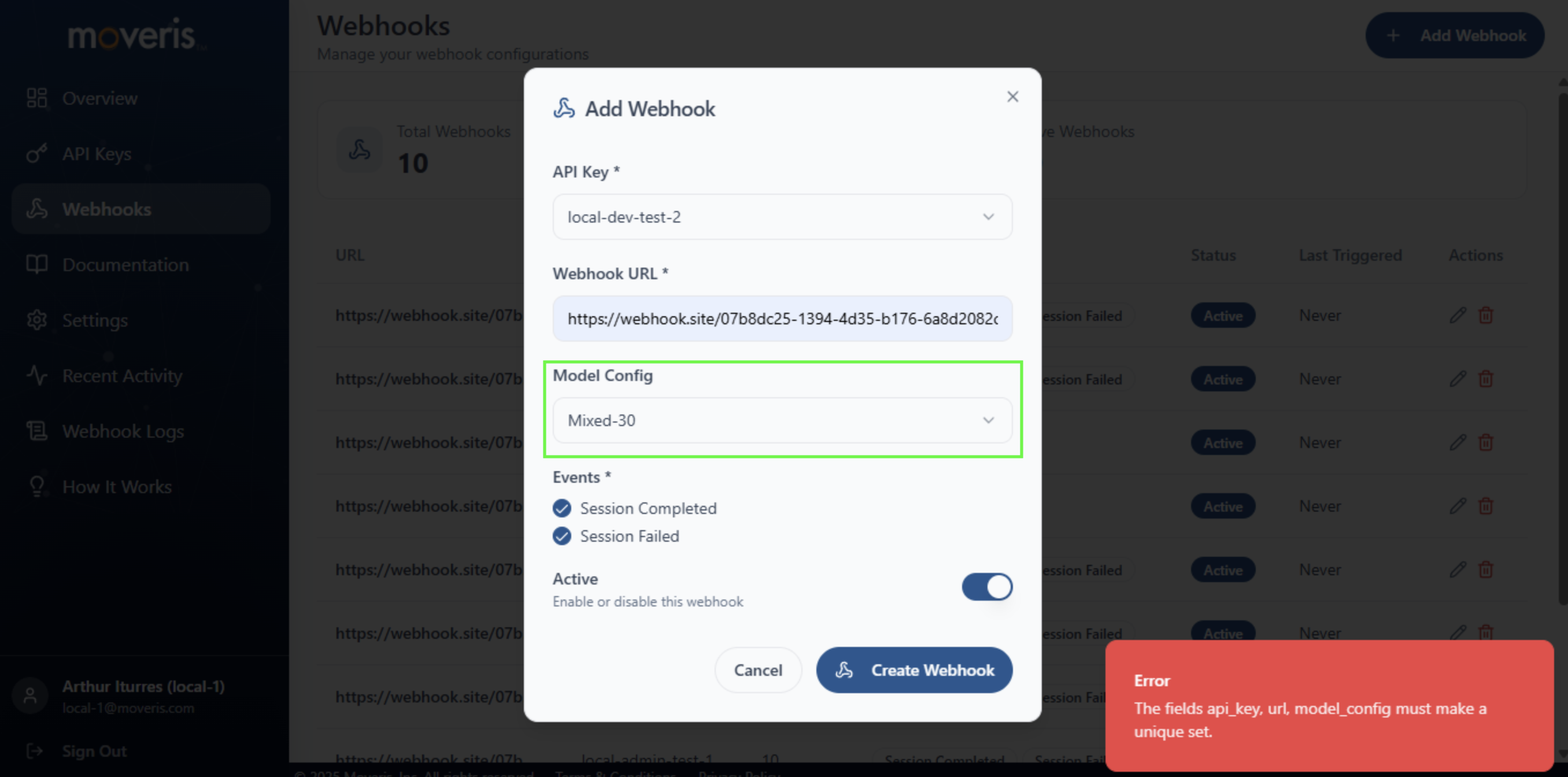 Model configuration dropdown