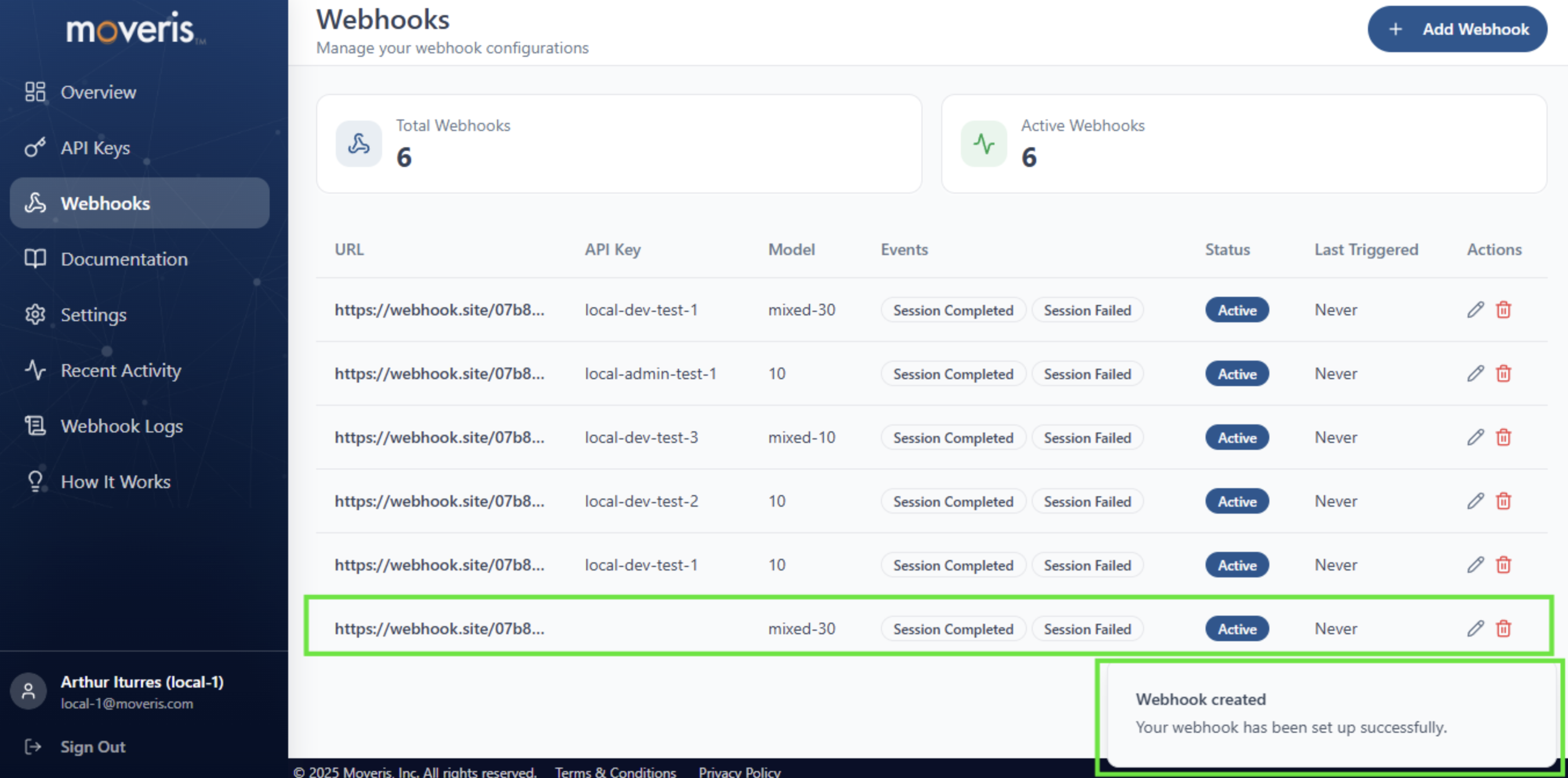 Webhook list with Active status
